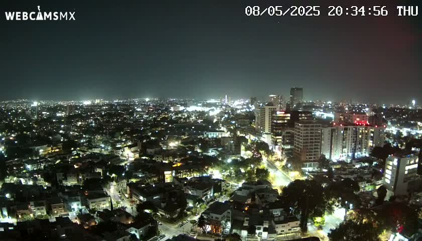 A nighttime aerial view of a city illuminated by streetlights and building lights under a clear, dark sky.