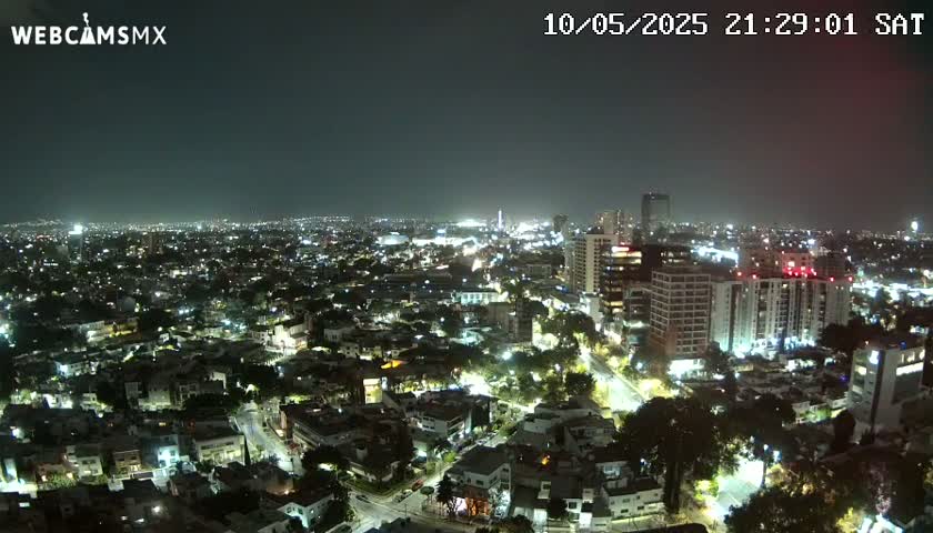 A nighttime aerial view of a city with numerous buildings and streets illuminated, under a clear, dark sky.