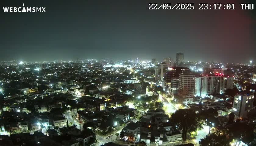 A nighttime, high-angle view of a city illuminated by streetlights and building lights under a hazy sky.