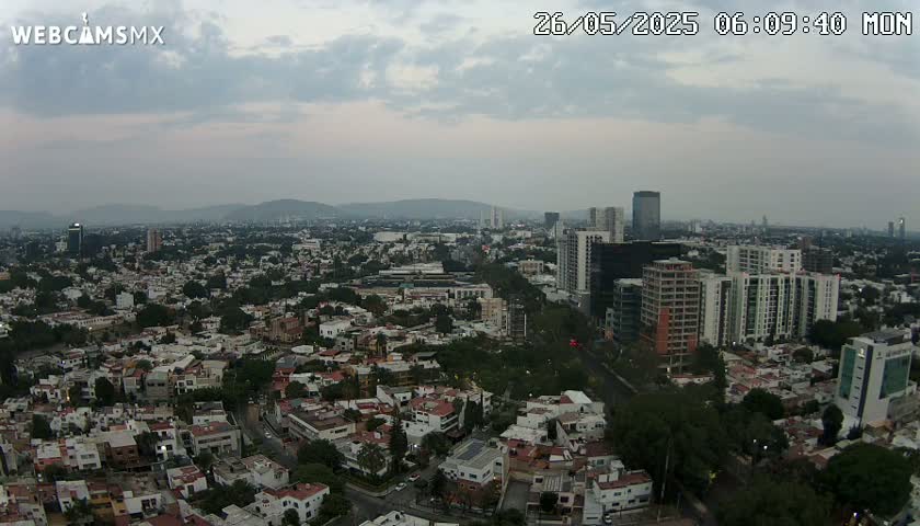 An aerial view of a sprawling city under a cloudy sky shows numerous residential buildings, taller structures, and ample greenery.