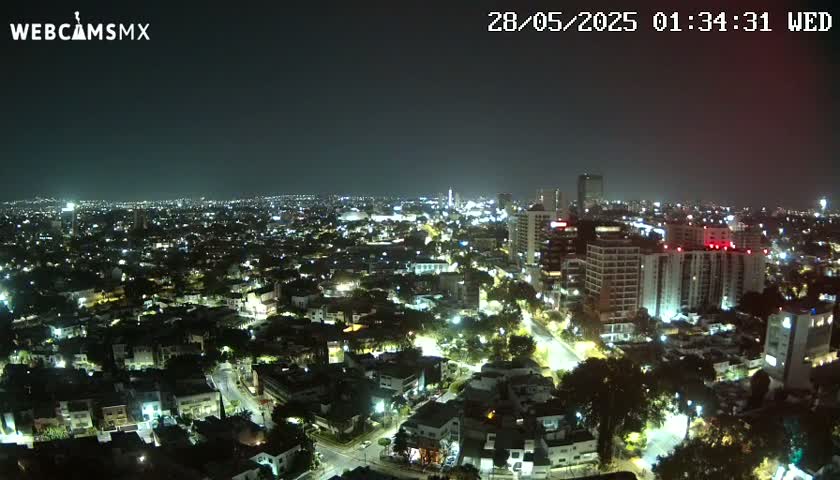 A nighttime aerial view of a sprawling city illuminated by streetlights and building lights under a clear, dark sky.