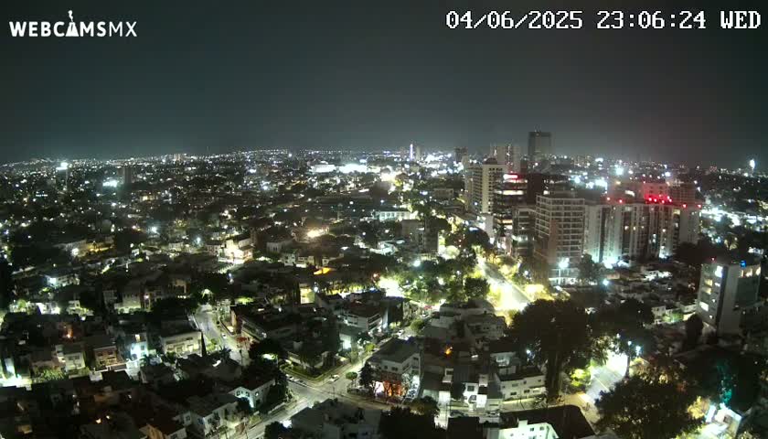 A nighttime, high-angle view of a city with many buildings illuminated, surrounded by trees under a clear sky.