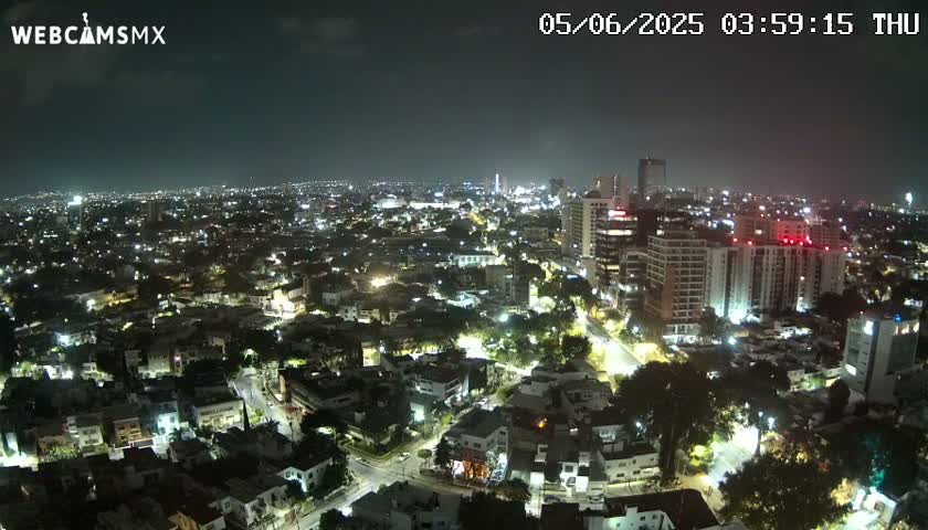 A nighttime, aerial view of a sprawling city with brightly lit buildings and streets.