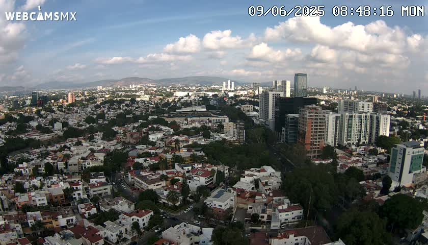 An aerial view of a sprawling city under a partly cloudy sky shows numerous buildings of varying heights and styles, nestled amongst abundant greenery.