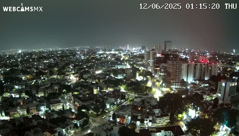 A nighttime aerial view of a city with numerous buildings and streets illuminated, under a hazy sky.