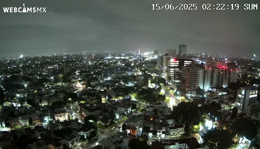 A nighttime aerial view of a city under a cloudy sky shows numerous illuminated buildings and streets.