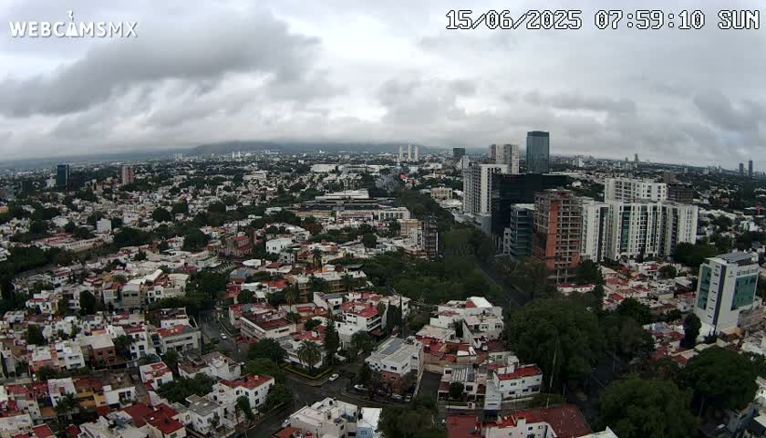 An aerial view of a city under an overcast sky shows numerous buildings of varying heights and styles surrounded by green spaces.