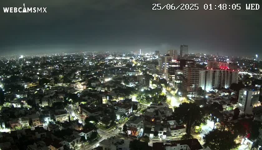 A nighttime aerial view of a city illuminated with streetlights under a hazy sky.
