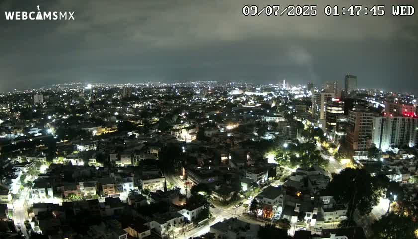 A nighttime aerial view of a sprawling city under a cloudy sky shows many illuminated buildings and streets.