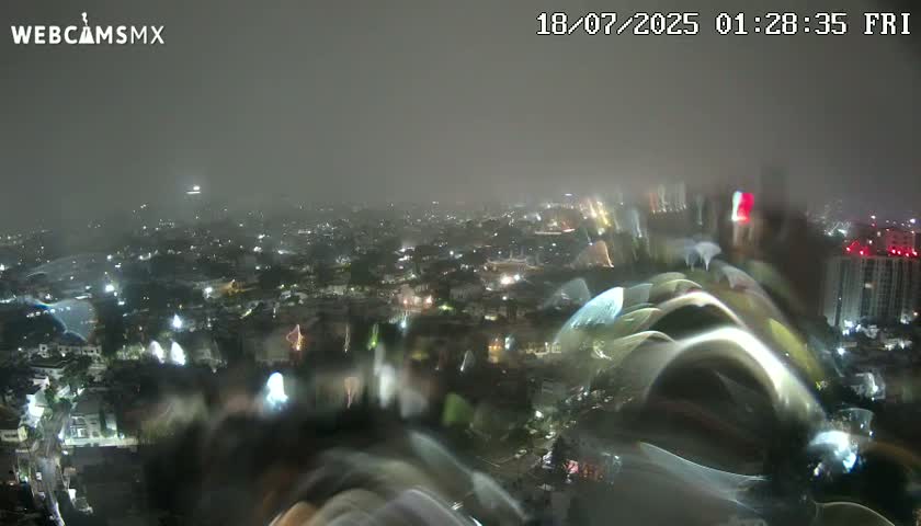 A hazy, nighttime view of a city illuminated by numerous lights, with rain obscuring the details.