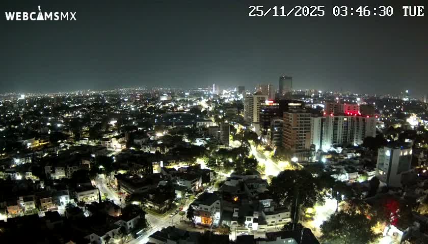 A sprawling cityscape is brightly lit at night under a clear sky, featuring a mix of residential areas and taller buildings.