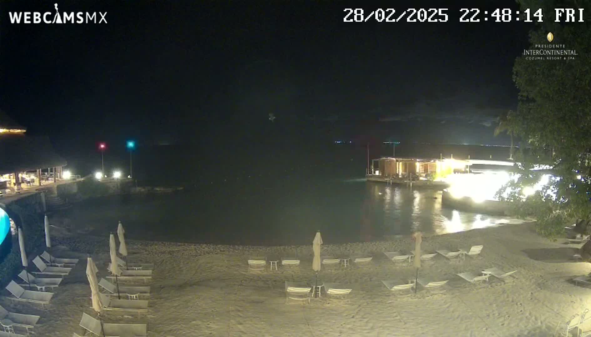 A sandy beach at night with several lounge chairs and umbrellas, lit buildings across a calm body of water, and dark trees in the background.