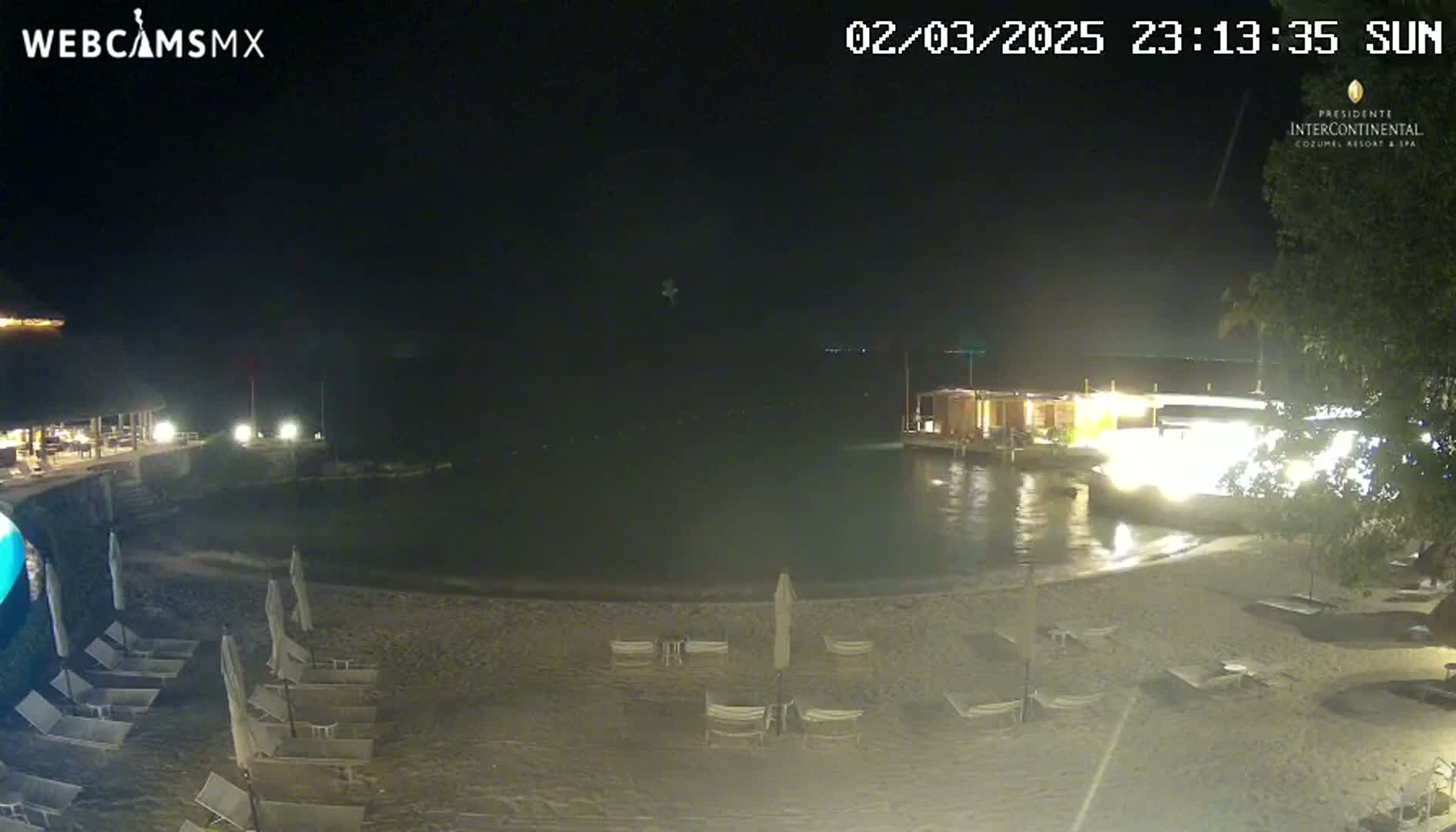 A nighttime beach scene shows a calm body of water, a sandy shore with lounge chairs and umbrellas, and lit buildings in the background under a clear sky.