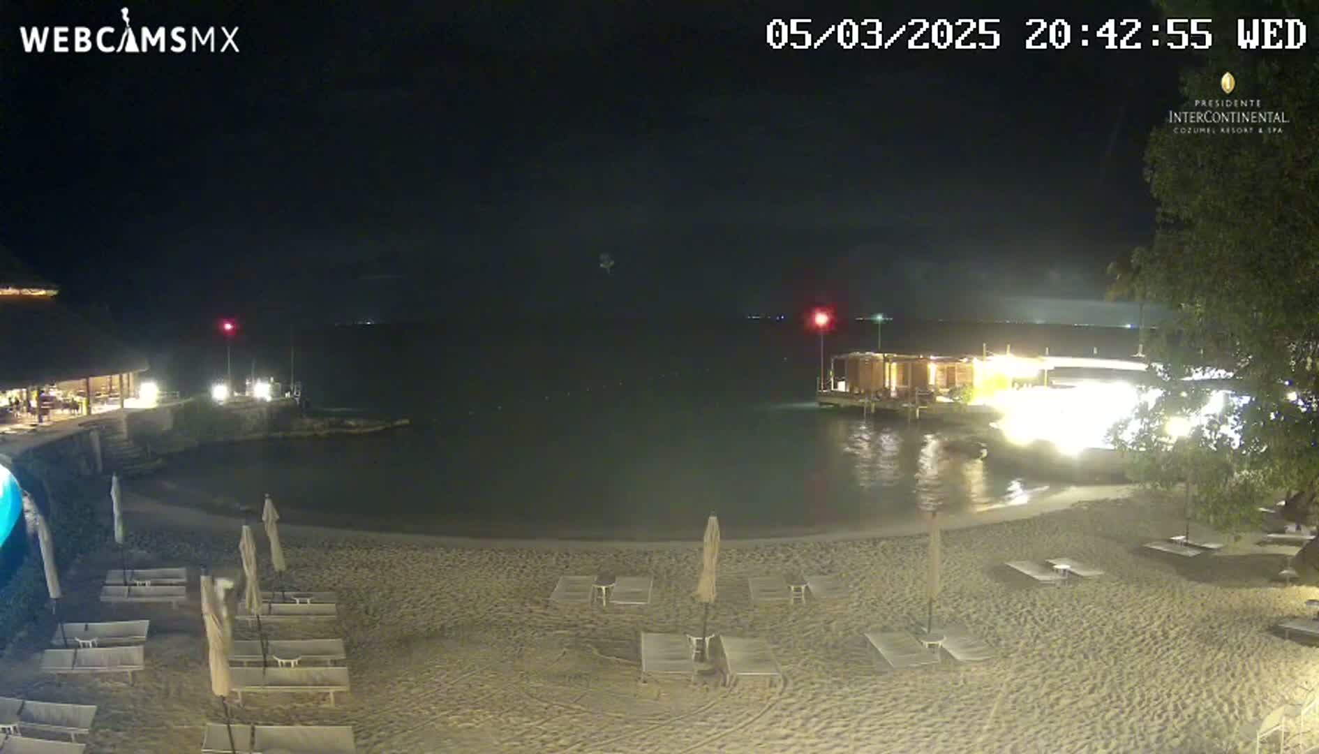 A nighttime beach scene shows a sandy shore with lounge chairs and umbrellas, a calm body of water, and some buildings with lights visible in the distance under a clear, dark sky.