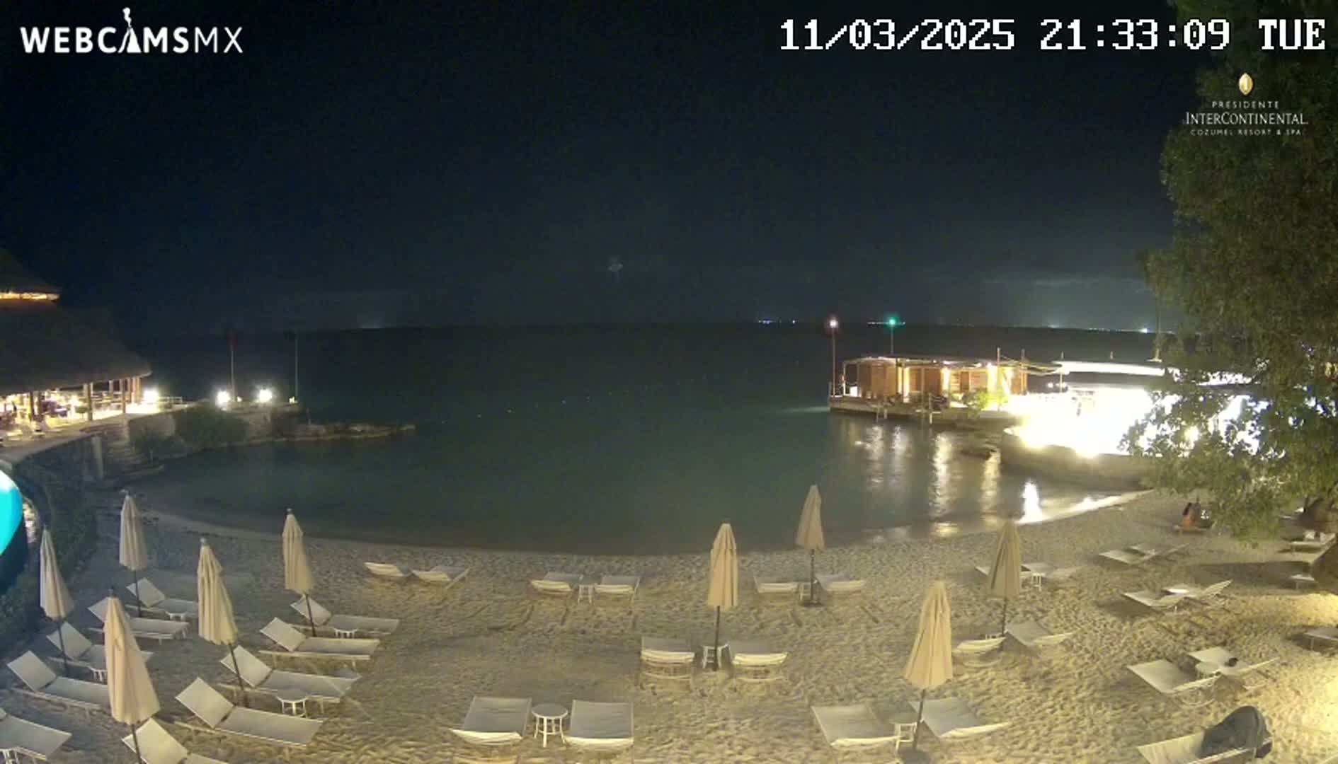 A nighttime view of a beach with lounge chairs and umbrellas under a clear sky, overlooking calm water and a lit-up beachfront building.