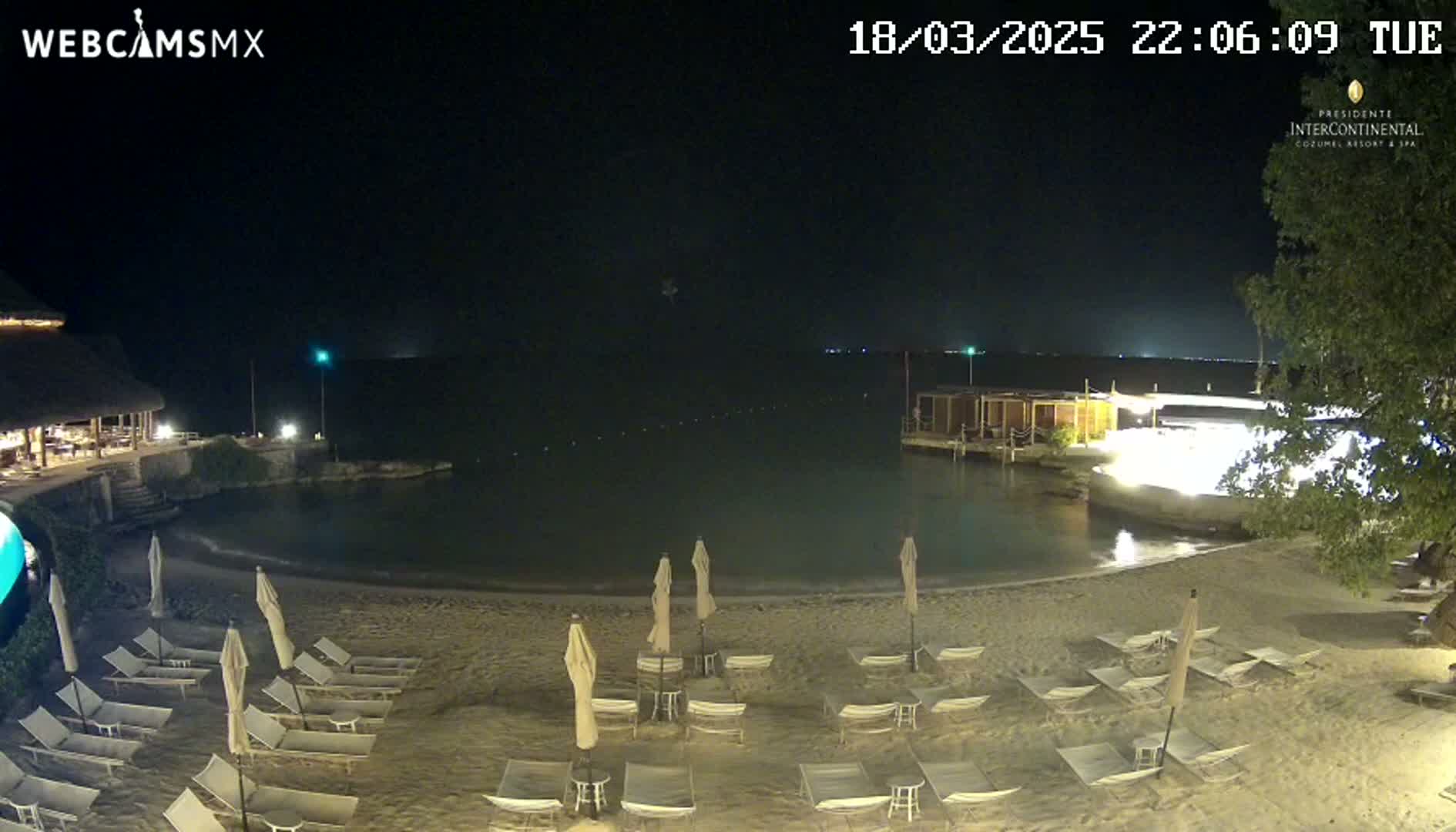 A nighttime view of a beach with lounge chairs and umbrellas under a clear, dark sky, next to calm ocean water and lit buildings.