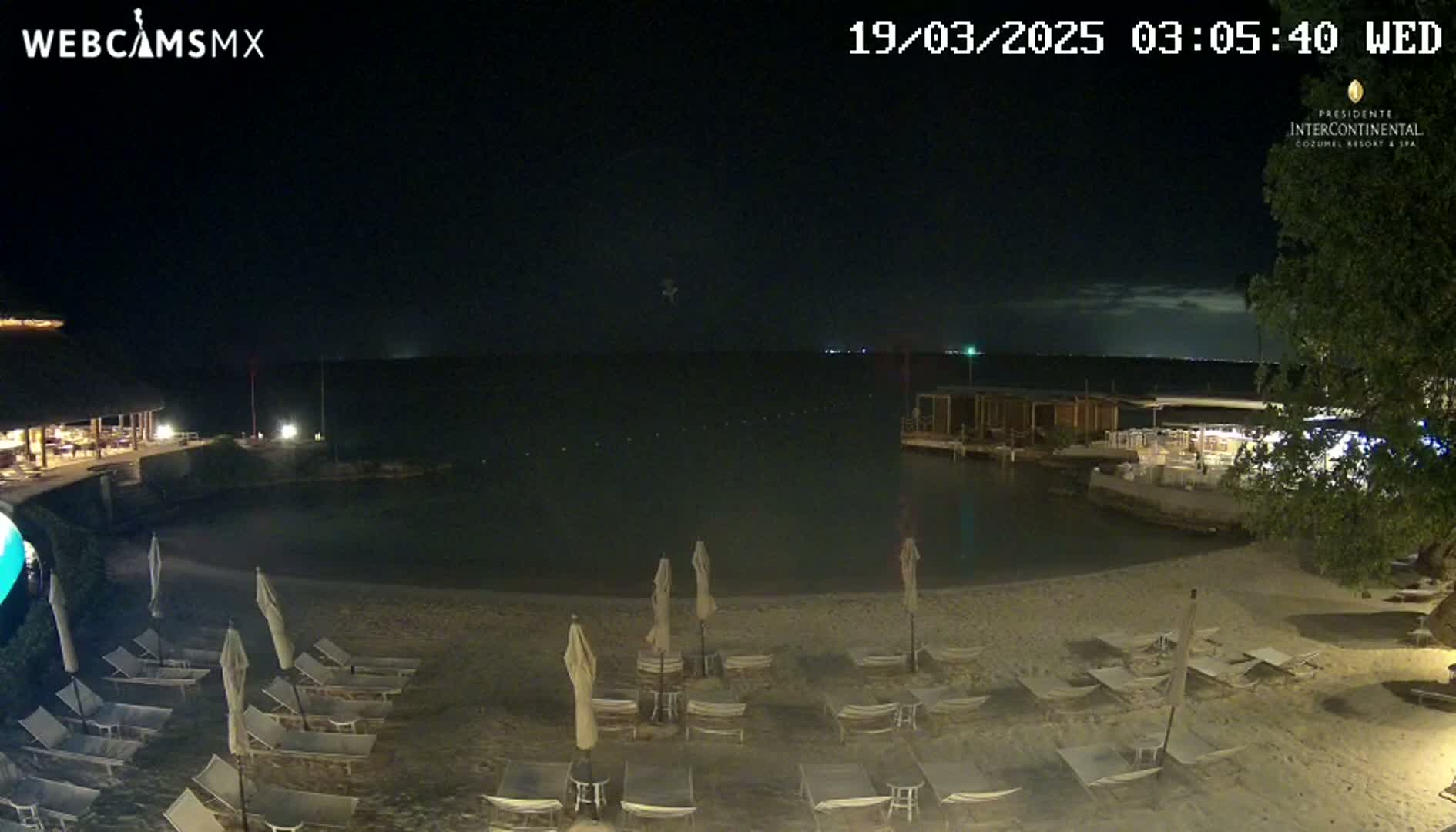 A nighttime beach scene shows a calm body of water, a sandy shoreline with lounge chairs and umbrellas, and a restaurant or bar in the background under a clear, dark sky.