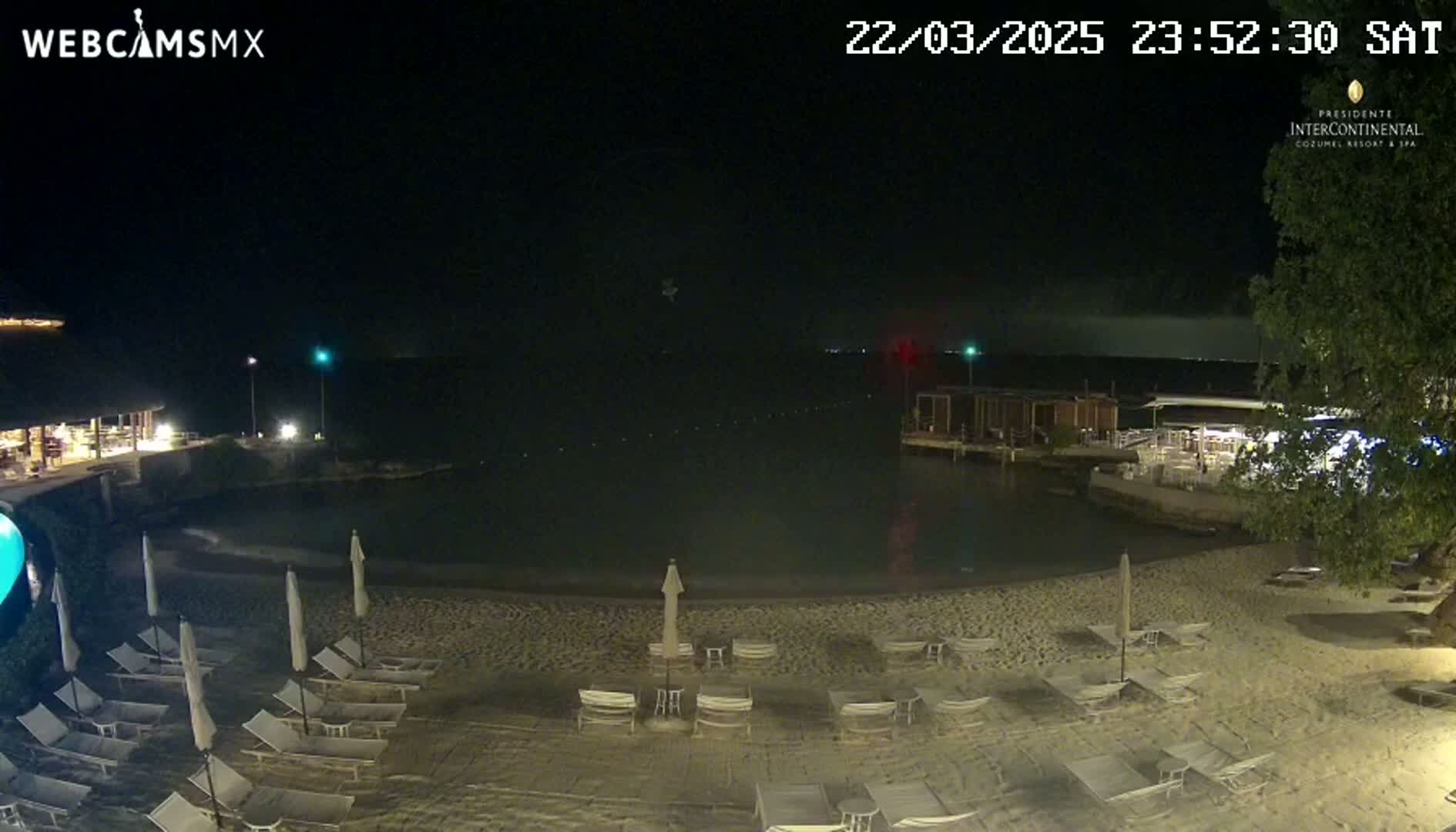 A nighttime view of a beach with lounge chairs and umbrellas, a calm body of water, and buildings in the background under a clear, dark sky.