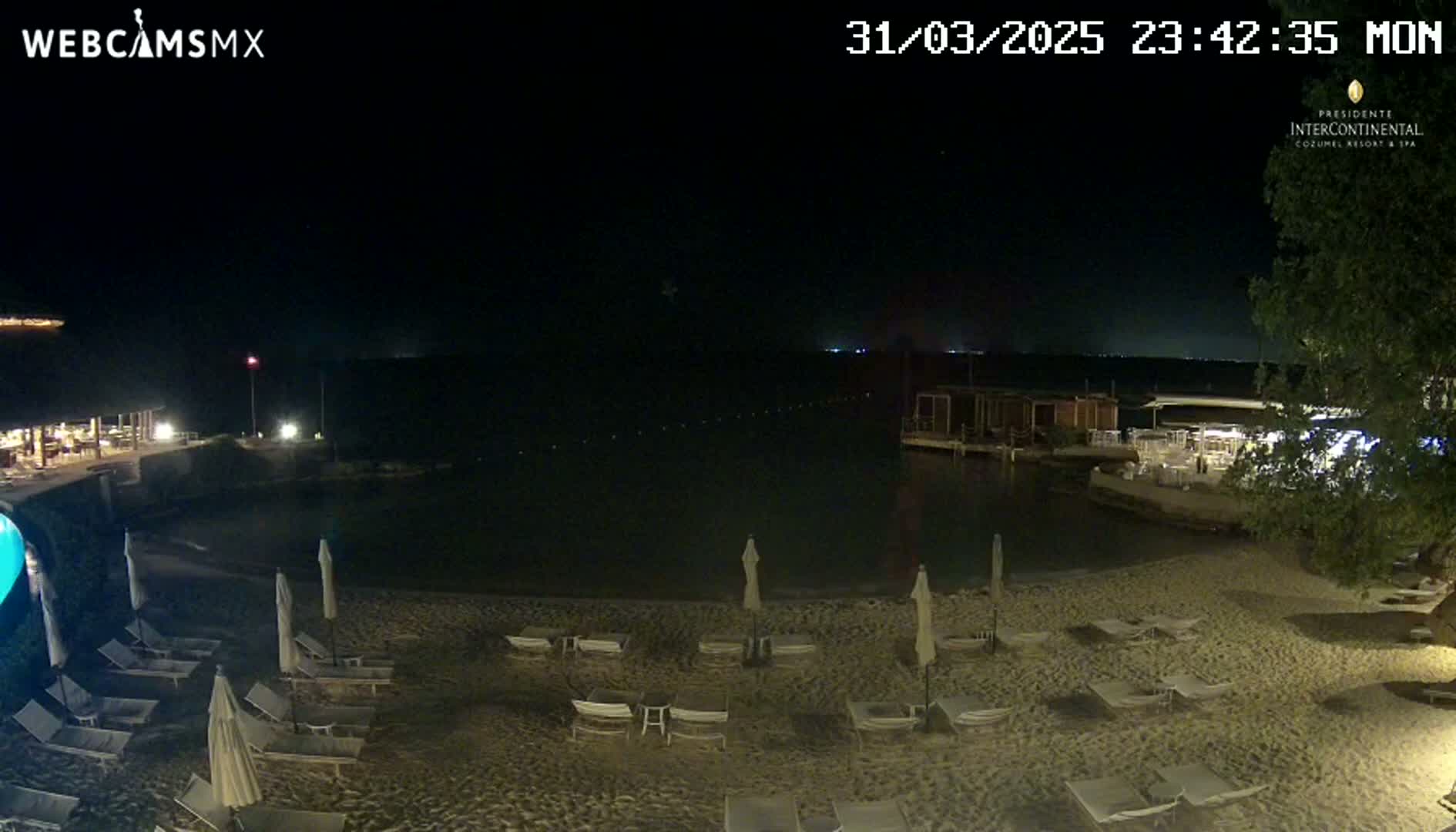 A nighttime beach scene shows a sandy shore with lounge chairs and umbrellas under a clear, dark sky, with calm water and buildings visible in the background.
