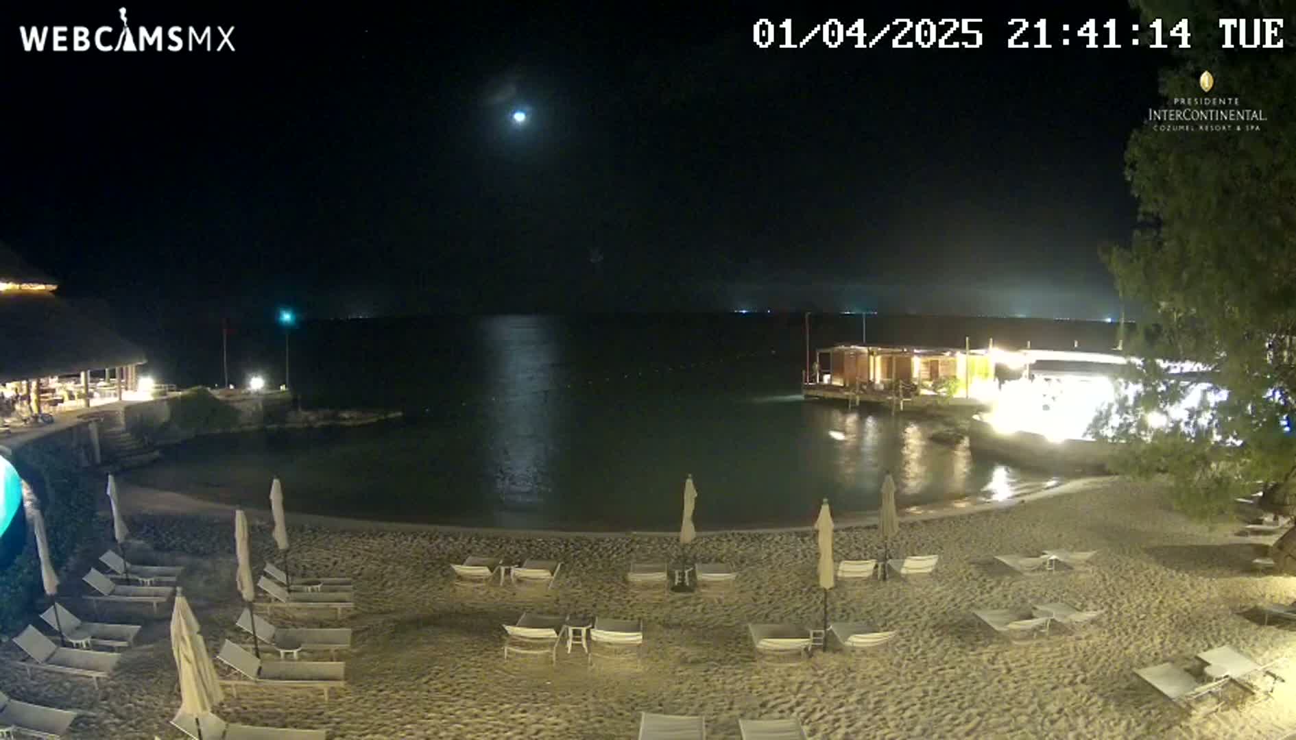 A moonlit beach at night shows a sandy shore with lounge chairs and umbrellas, calm water, and lit buildings nearby.