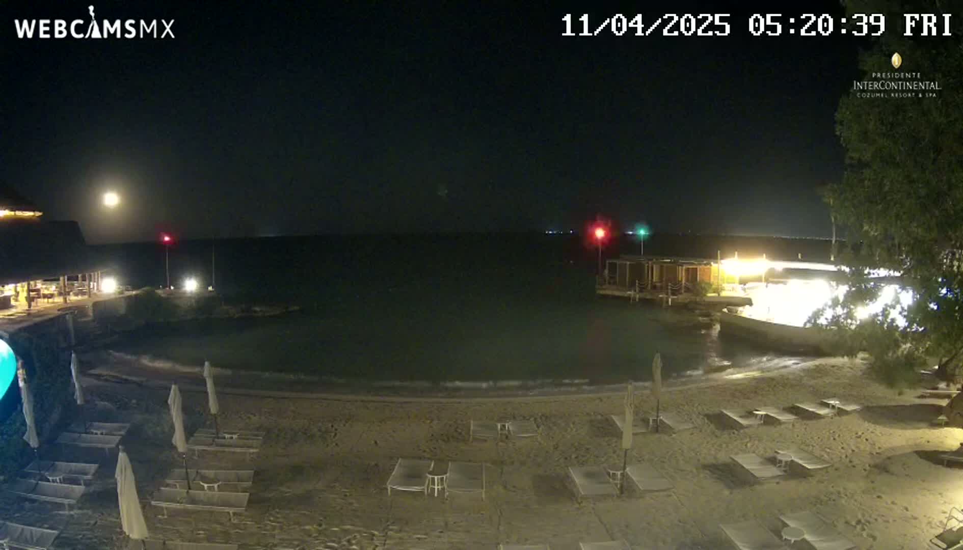 A nighttime beach scene shows a calm body of water under a bright moon, with lounge chairs lined up on the sand and a building with lights visible in the distance.