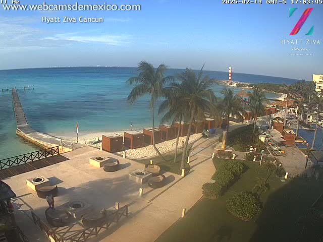 A resort overlooking a calm, turquoise ocean on a sunny day, with palm trees and beach cabanas visible.