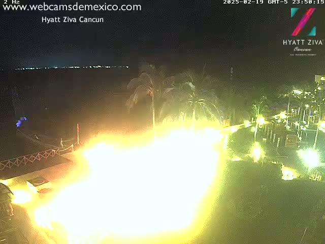 A bright, yellow-orange light show illuminates a beachfront area at night, with palm trees and buildings visible in the background.