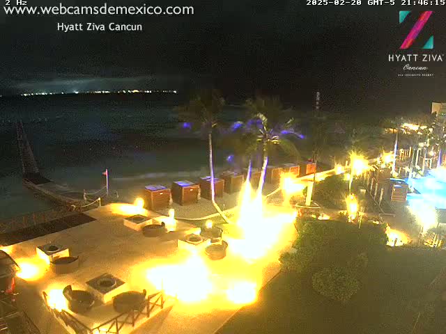 A nighttime view of a resort area near a dark ocean under a cloudy sky shows palm trees, lit pathways, and outdoor seating areas with fire pits.