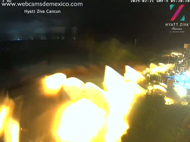 A nighttime, blurry image shows bright, yellow-orange lights dominating the foreground, possibly from a fire or intense illumination, with a dark background suggesting a mostly cloudy sky.