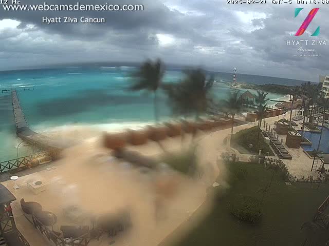 A blurry image shows a resort on a beach with turquoise water under an overcast sky.