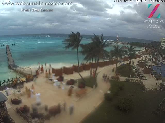 A beach resort with palm trees and people is shown under a cloudy sky, with turquoise water visible in the background.