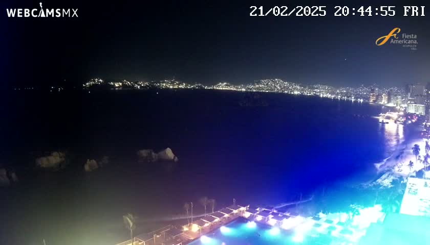A nighttime view of a city skyline across a dark body of water, with brightly lit structures along the shore and a pool illuminated in blue and purple light.