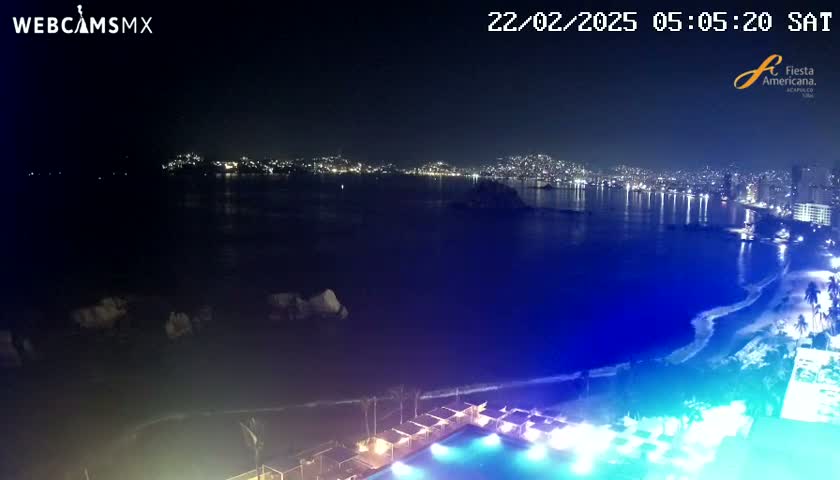 A nighttime coastal view shows a city skyline across a dark-blue ocean, with a brightly lit swimming pool and beach in the foreground.
