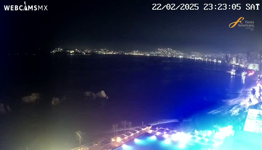 A nighttime view of a city skyline across a dark body of water, with brightly lit structures and a pool visible in the foreground.