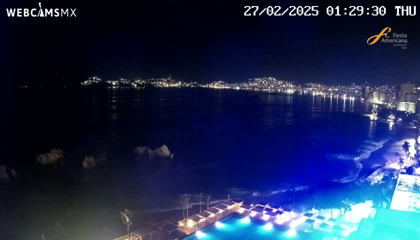 A nighttime view of a city skyline across a dark ocean, with a lit pool and beach in the foreground under a clear sky.