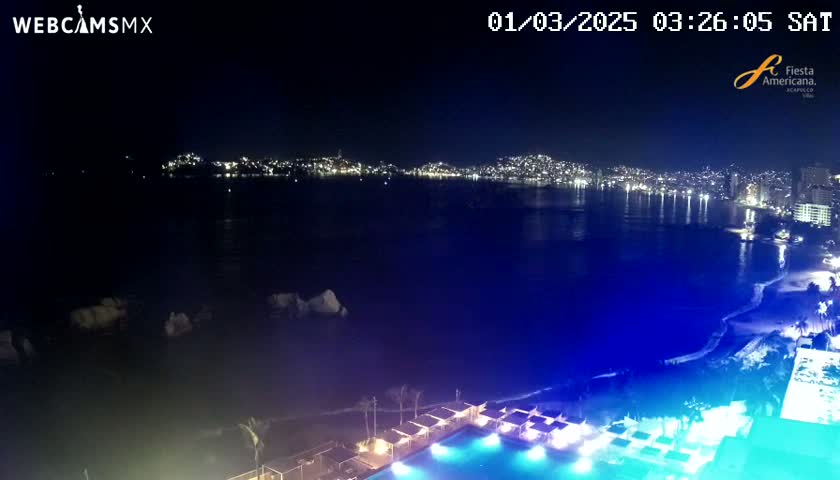 A nighttime coastal scene shows a city skyline across a dark-blue ocean, with a brightly lit resort pool and beach in the foreground under a clear sky.