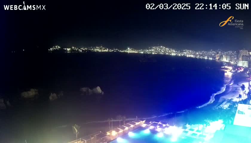 A nighttime, coastal view shows a city skyline across a dark body of water, with a brightly lit beach and resort area in the foreground.