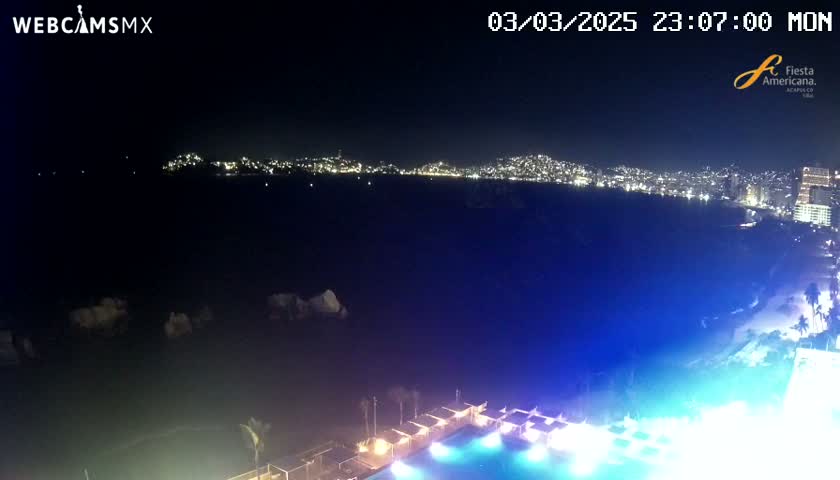 A nighttime view of a city skyline across a dark body of water, with illuminated buildings and a pool area in the foreground.