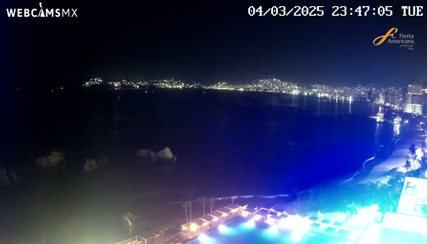 A nighttime view shows a city skyline across a dark body of water, with a brightly lit pool and beach in the foreground.