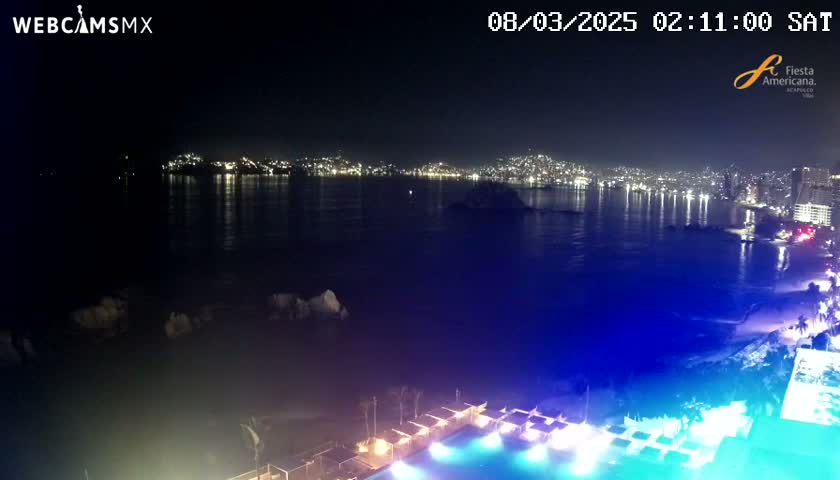 A nighttime view of a city skyline across a dark ocean, with a brightly lit pool and beach area in the foreground under a clear sky.