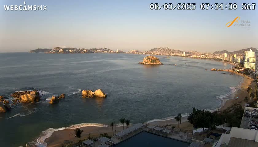 An expansive ocean bay with calm water, a sandy beach, rocky outcroppings, and a distant city skyline under a clear, dawn sky.