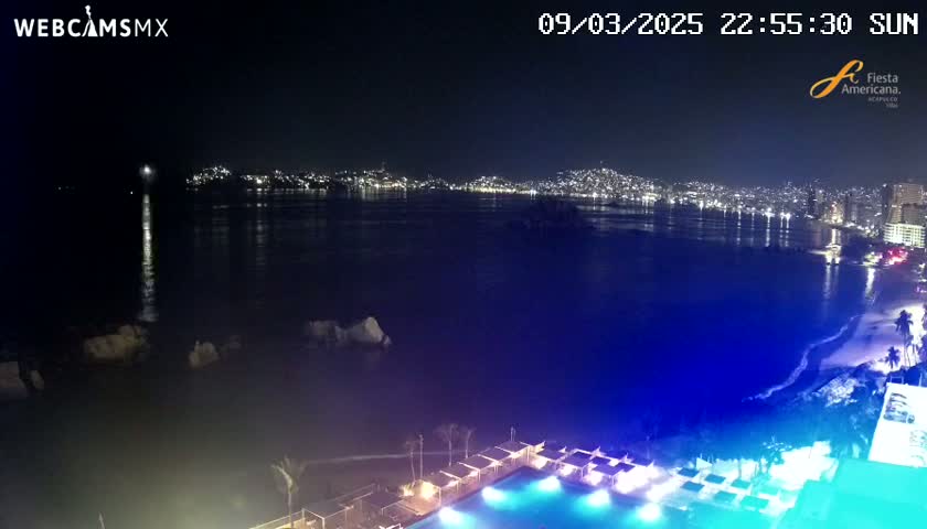 A nighttime view of a city skyline across a calm bay, with a resort pool and beach in the foreground under a clear sky.