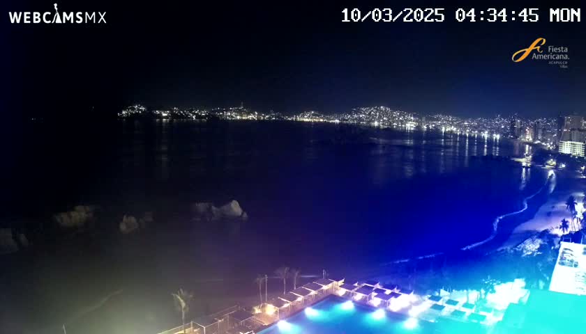A nighttime coastal view shows a city skyline across a dark body of water, with a lit-up pool and beach in the foreground under a clear sky.