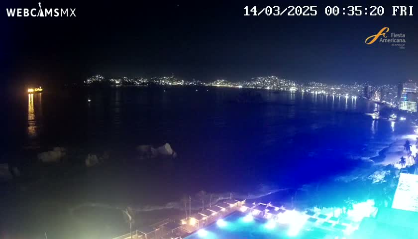 A nighttime view of a city skyline across a dark blue ocean with small waves lapping a shore, illuminated by city lights and partially by artificial lights from a pool area.