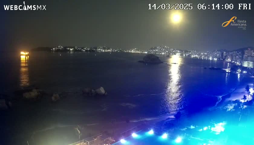 A nighttime coastal scene shows a bright moon reflecting on dark blue water, illuminating a city skyline and a swimming pool with lights at the bottom of the frame.