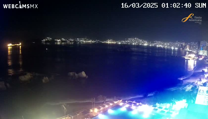 A nighttime coastal scene shows a city skyline across a dark body of water, with a beach and illuminated pool area in the foreground under clear skies.