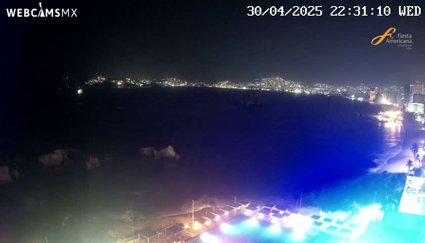 A nighttime coastal scene shows a city's lights across a dark body of water, with illuminated beachside structures and vegetation in the foreground.