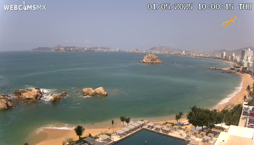 A sunny coastal scene shows a long sandy beach curving around a bay with calm teal water, rocky outcroppings, and a distant city skyline.