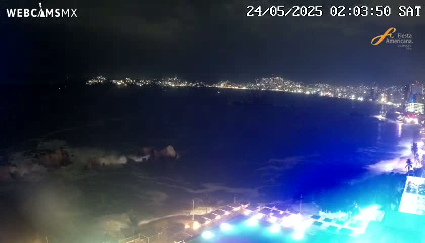 A nighttime view of a coast shows a city's lights across the water, with waves crashing against rocks in the foreground.