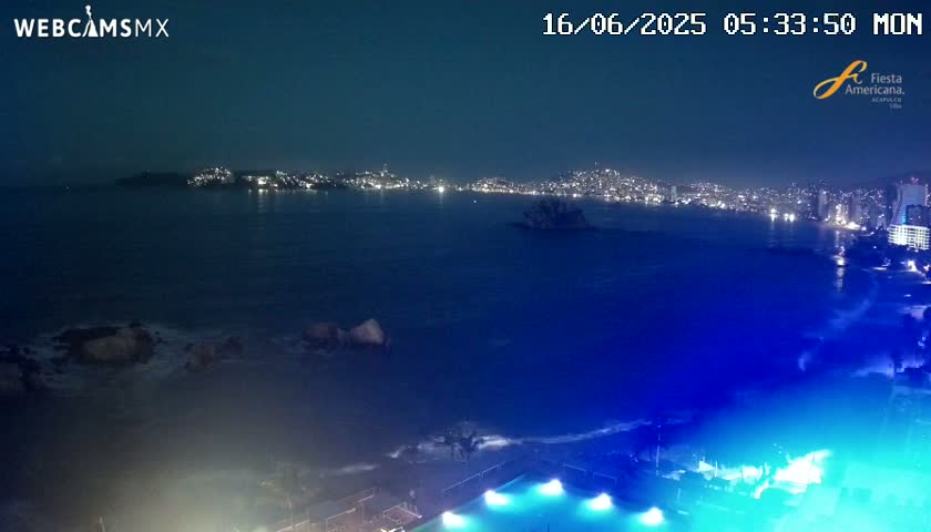 A nighttime view of a city's illuminated coastline across a dark body of water, with some rocks and a pool visible in the foreground.